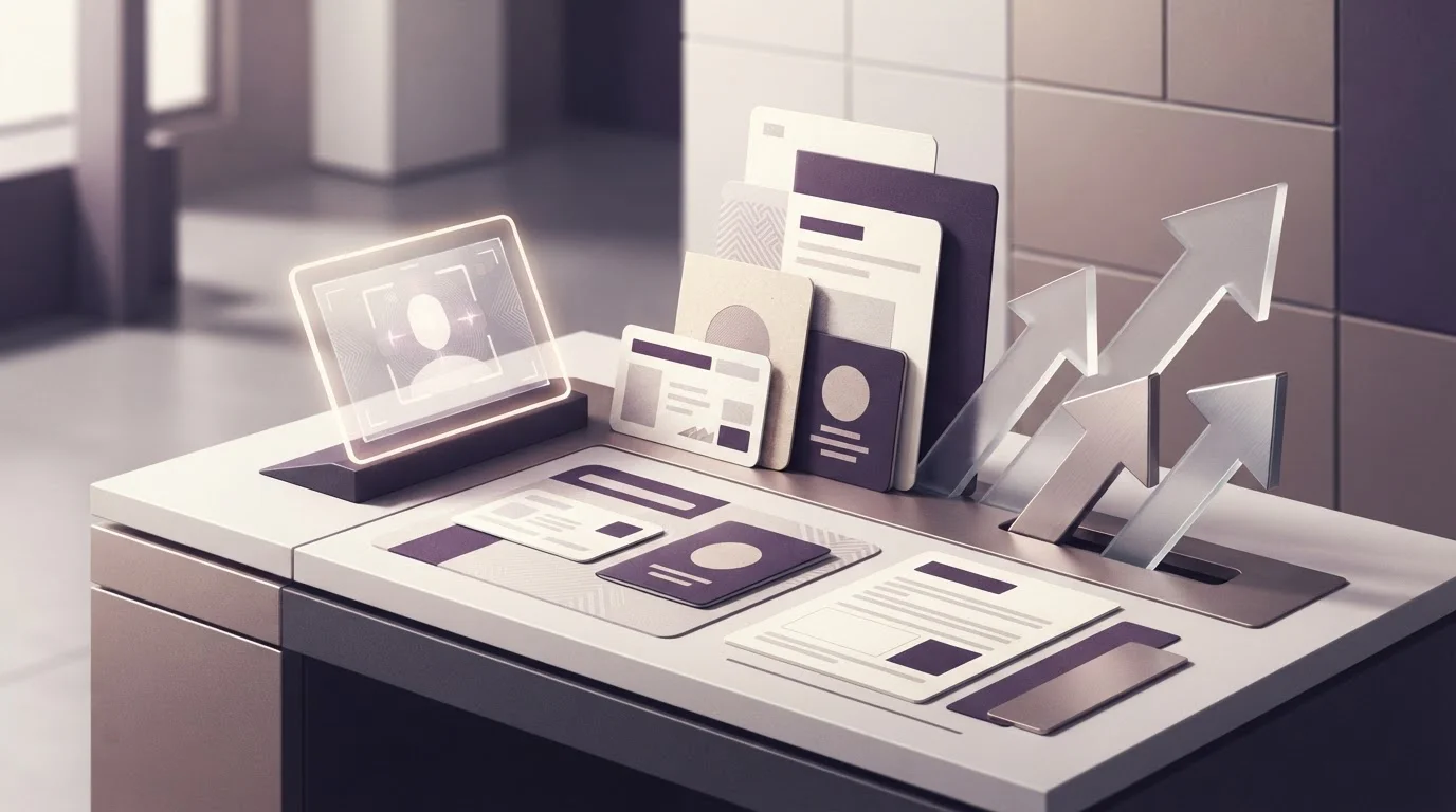 Abstract account verification desk with identity-card shapes, document layers, video-check frame and withdrawal arrows