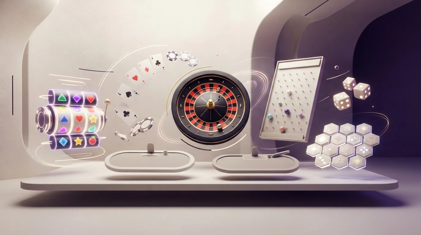 Abstract casino game library with slot reels, playing cards, roulette wheel and instant-game symbols