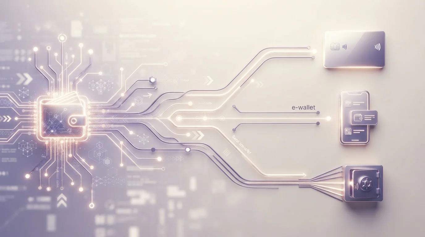 Abstract crypto wallet routes connecting to card, e-wallet and bank payment paths