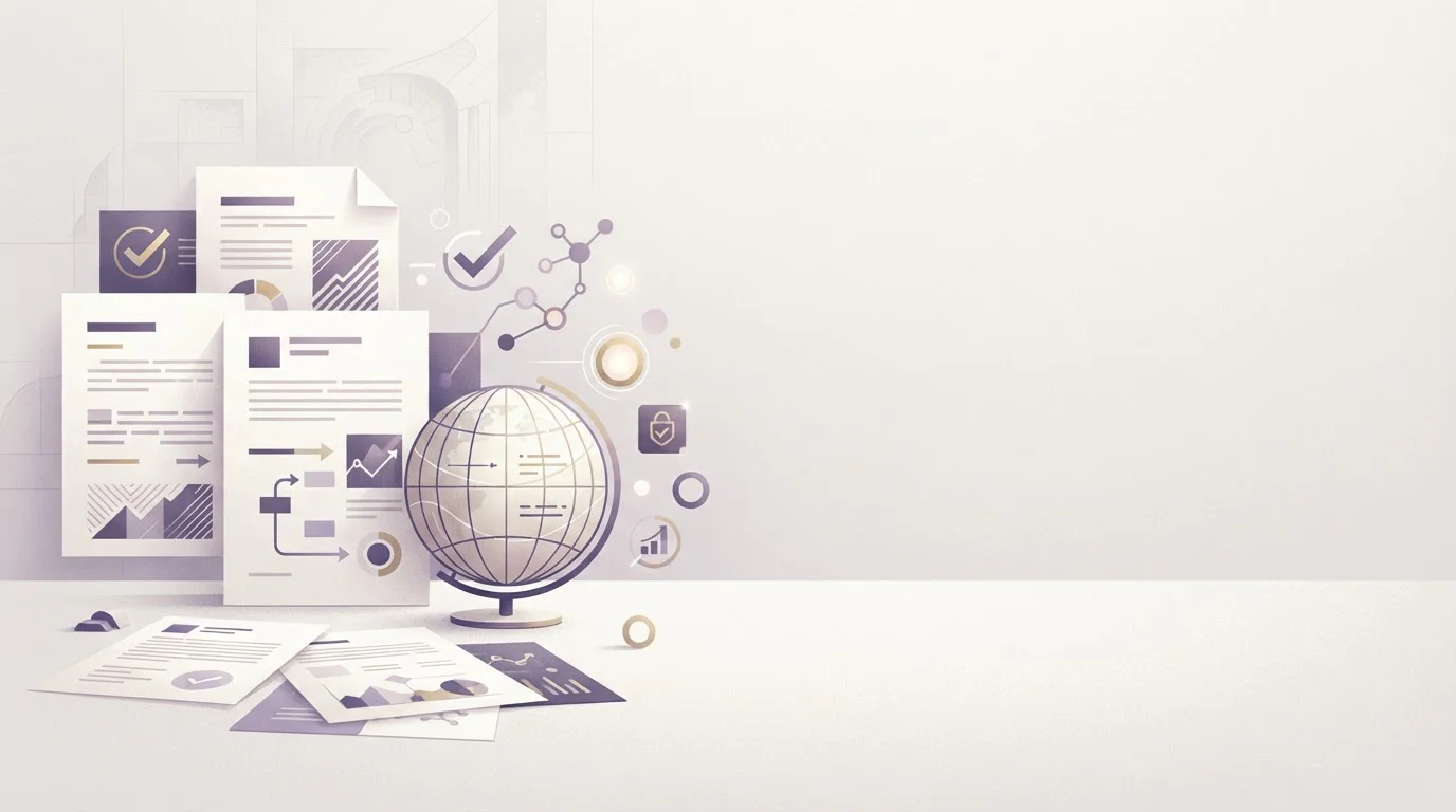 Abstract compliance documents beside a globe and neutral verification symbols