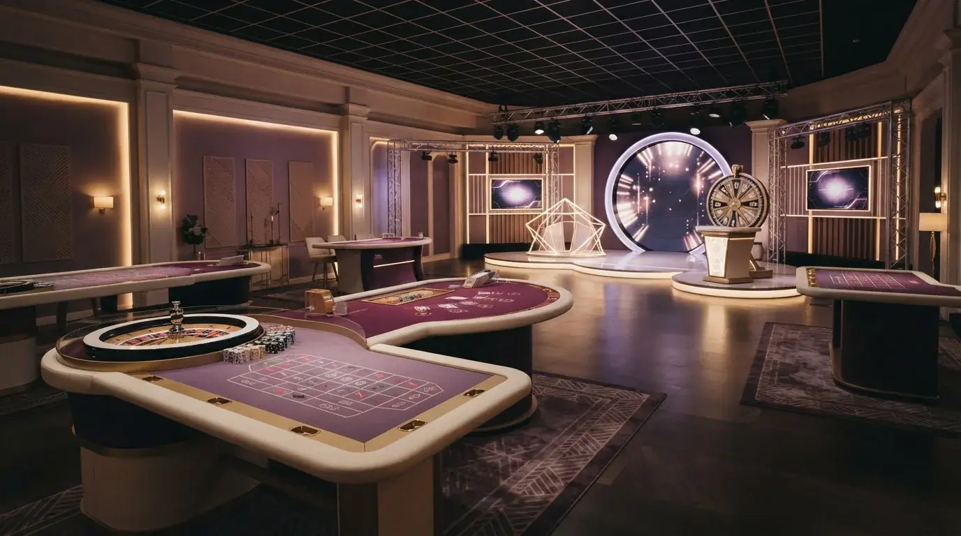 Abstract live casino studio with roulette table, card table and illuminated game-show set without people